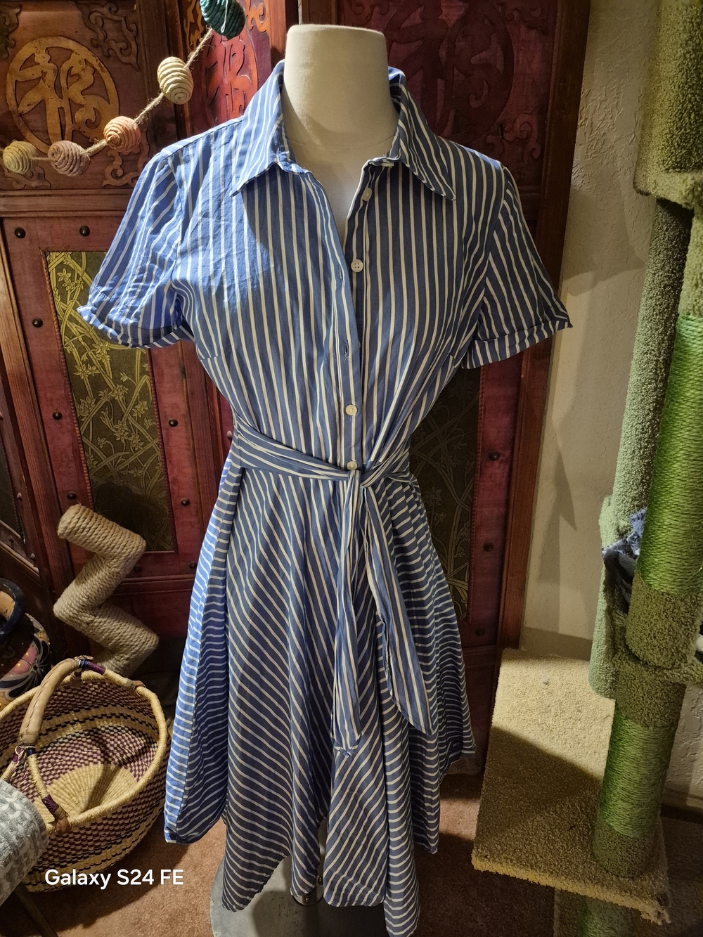 Ivy And Blue   Blue and White Striped Midi Shirt Dress with Tie Waist